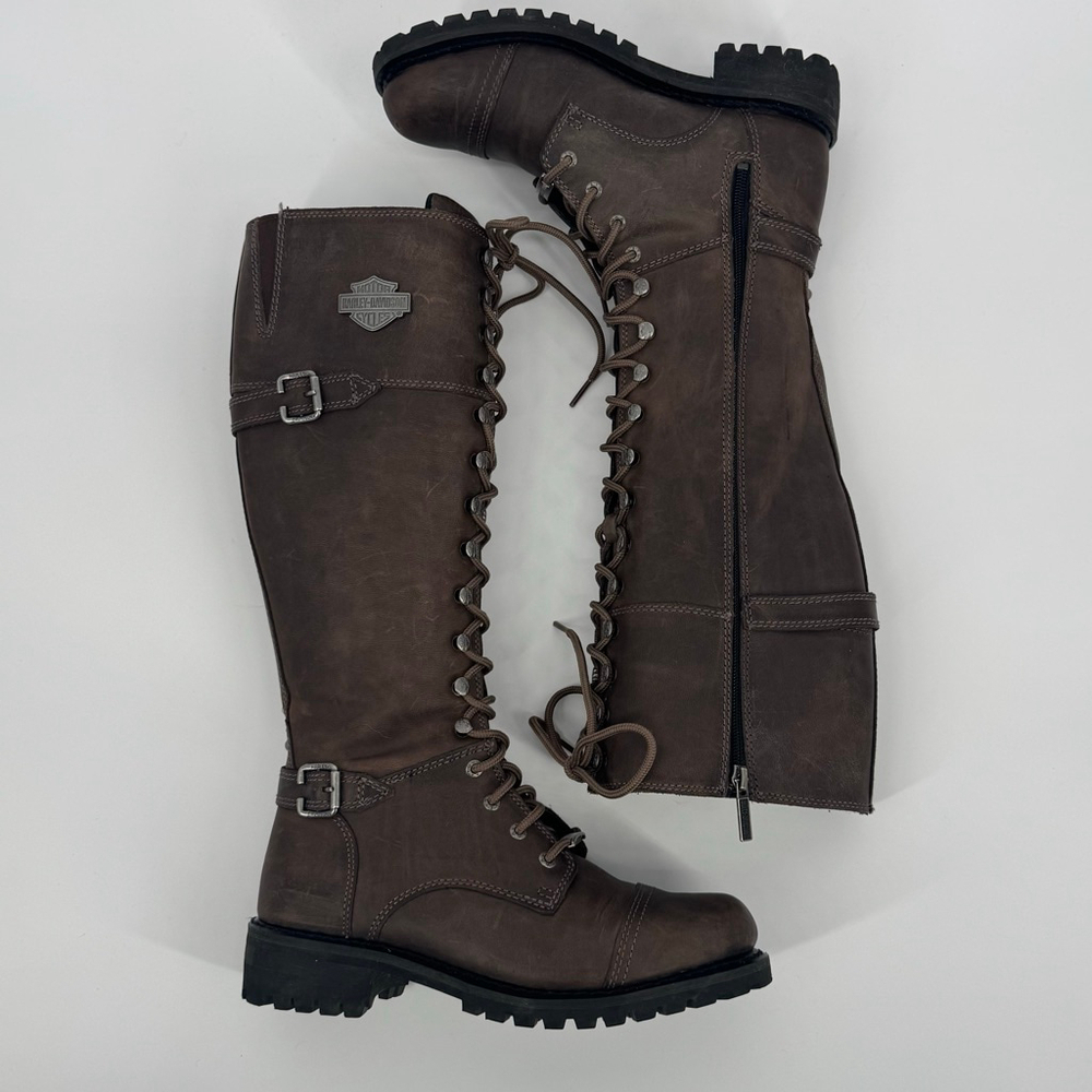 Harley-Davidson Brown Beechwood Lace Up Boots 9.5 Full Grain Leather Motorcycle - Picture 4 of 9